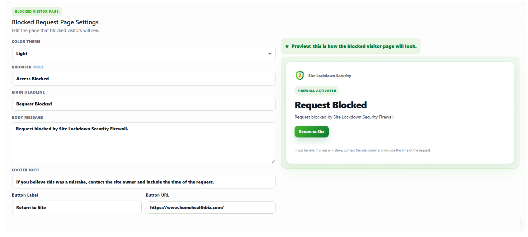 Blocked request page settings