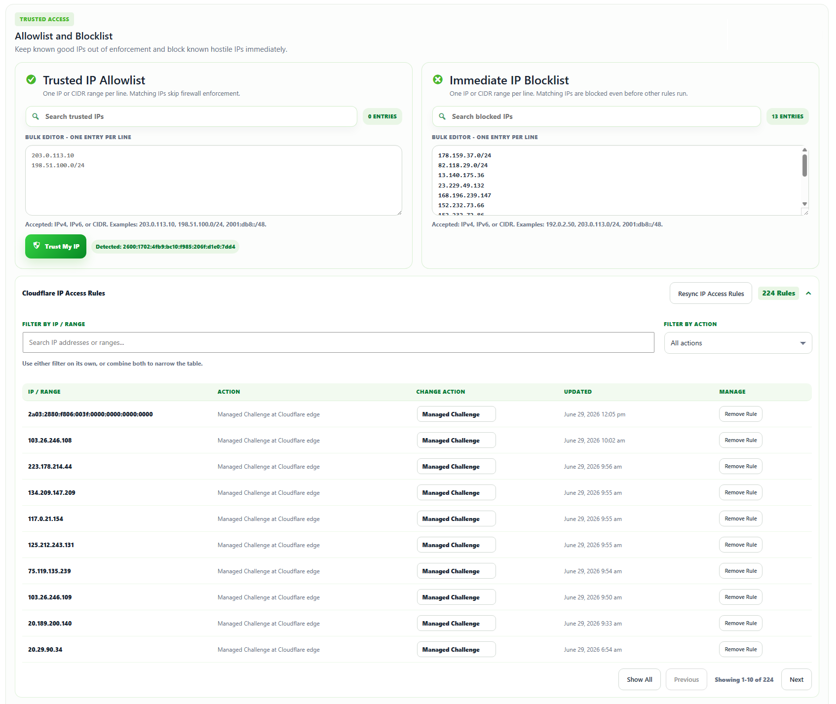 Trusted IP allowlist and immediate IP blocklist