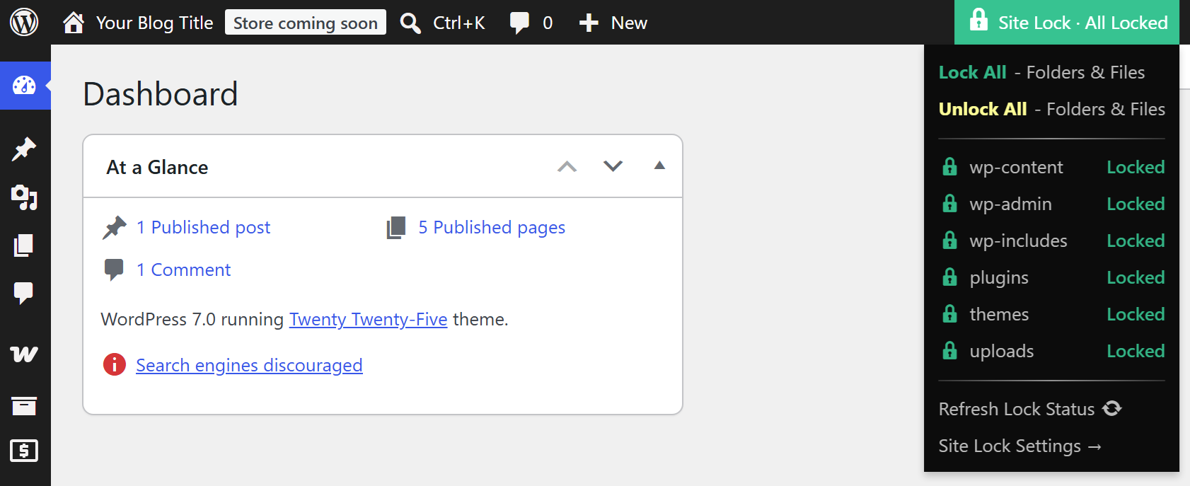 Site Lock admin bar status dropdown