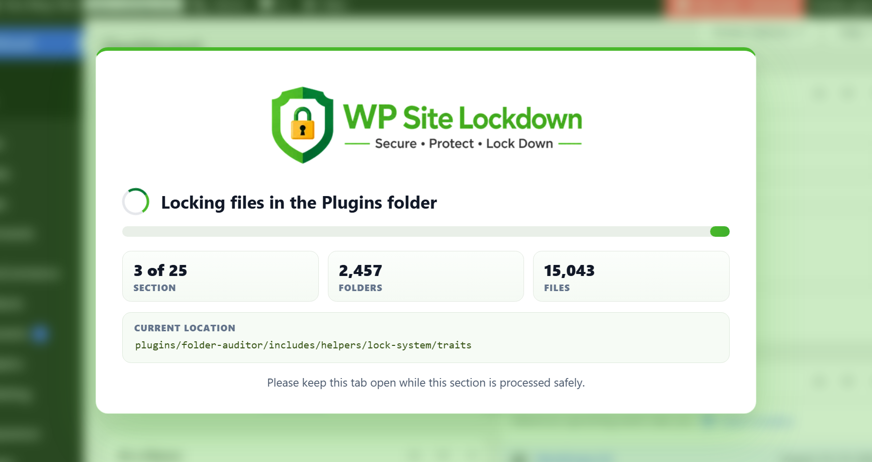 Site Lock progress screen