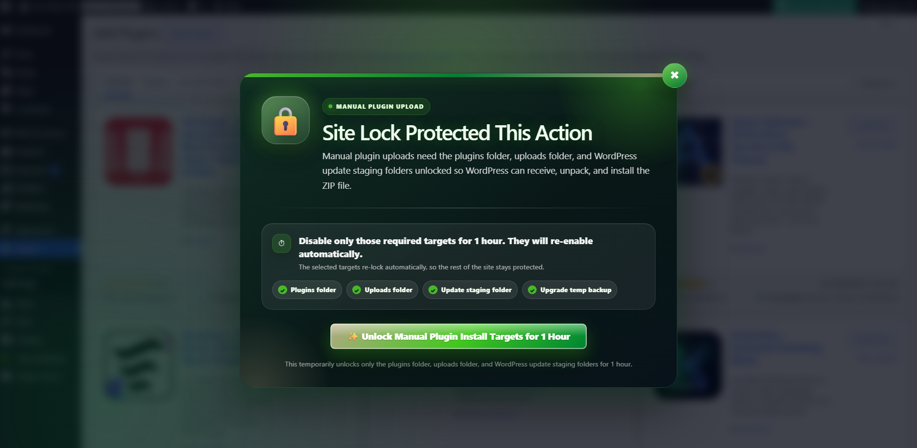 Site Lock protected action modal